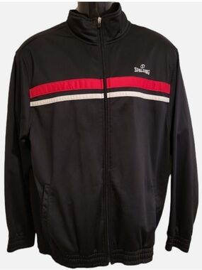 Spalding Men's Black Zip-Up Track Jacket with Red & White Stripes